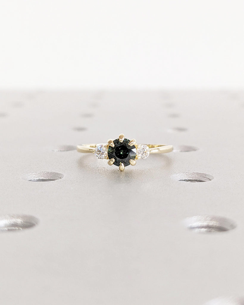 Natural Blue Green Sapphire and Diamond Unique Promise Engagement Ring | 0.5ct Round cut Peacock Sapphire Ring | 14k Yellow Gold Woman Wedding Ring