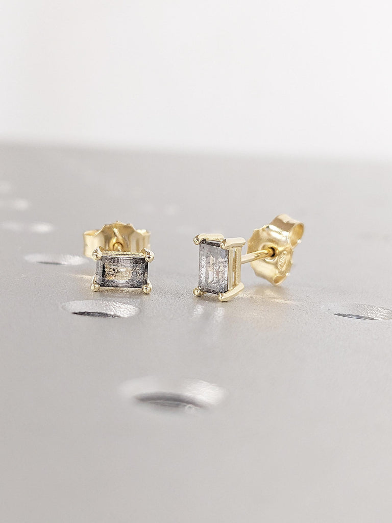 Baguette Salt and Pepper Diamond Stud Earrings, 14K Yellow Gold Earrings, Tiny Stud Earrings, Minimalist Earrings, Anniversary Gift for Wife