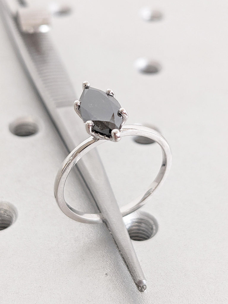 Salt and Pepper Diamond Marquise Ring | 14k White Gold Hidden Halo Engagement Ring | Unique Minimalist Ring | Solitaire Promise Ring for Her