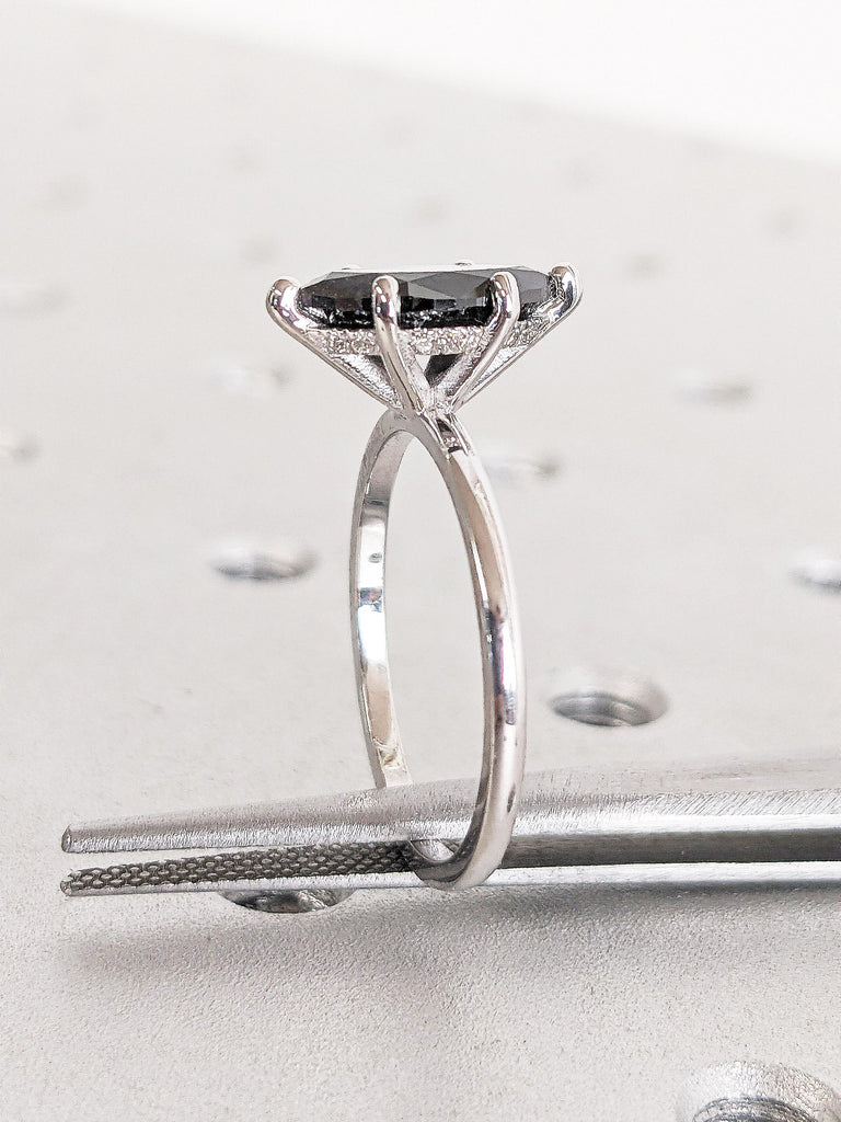 Salt and Pepper Diamond Marquise Ring | 14k White Gold Hidden Halo Engagement Ring | Unique Minimalist Ring | Solitaire Promise Ring for Her