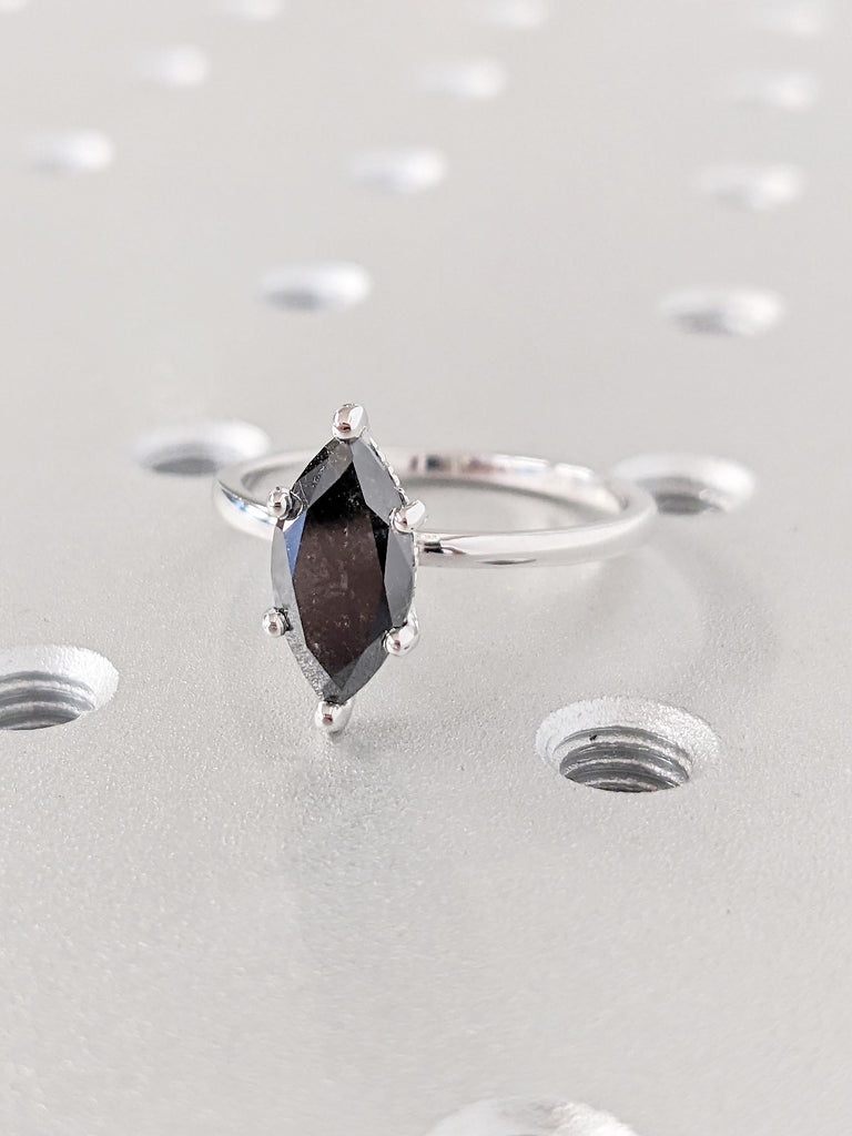 Salt and Pepper Diamond Marquise Ring | 14k White Gold Hidden Halo Engagement Ring | Unique Minimalist Ring | Solitaire Promise Ring for Her