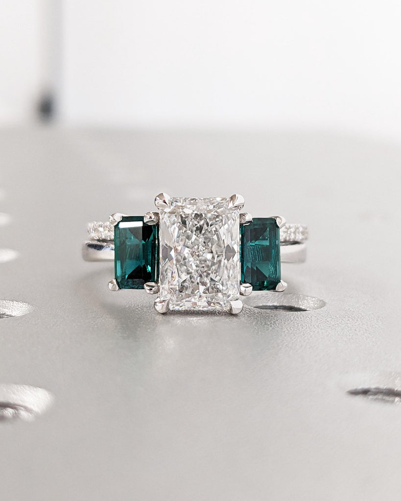 Radiant Cut Lab Made Diamond Three Stone Engagement Ring, Emerald Cut Emerald, Radiant Cut Ring, Trellis Setting, Diamond Engagement Ring