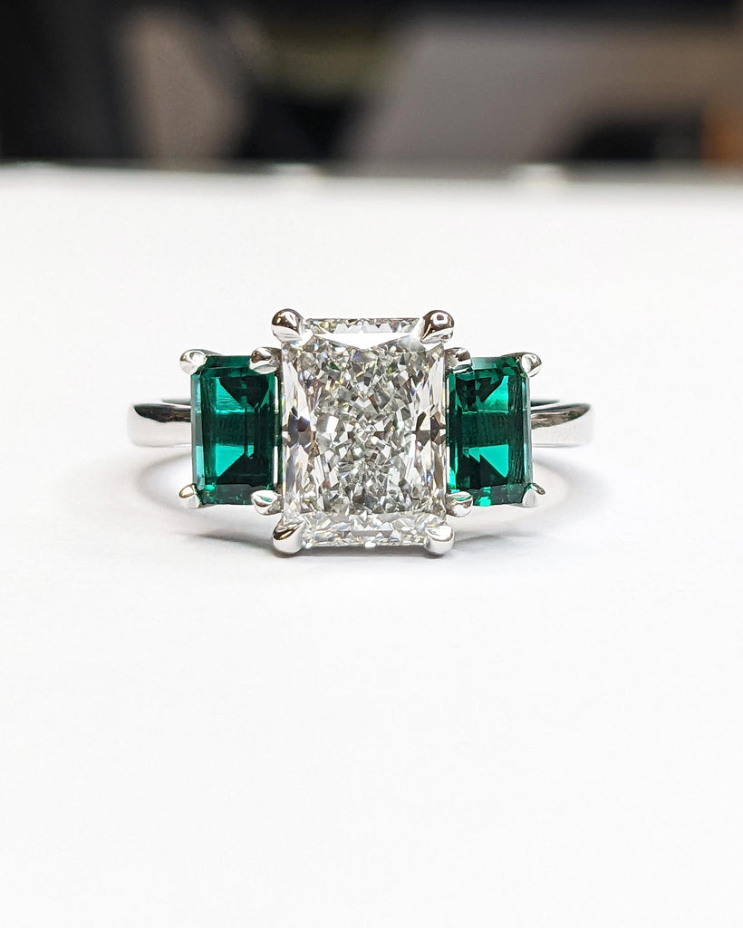 Radiant Cut Moissanite Three Stone Engagement Ring, Emerald Cut Green Emerald, Radiant Cut Ring, Trellis Setting, Moissanite Engagement Ring