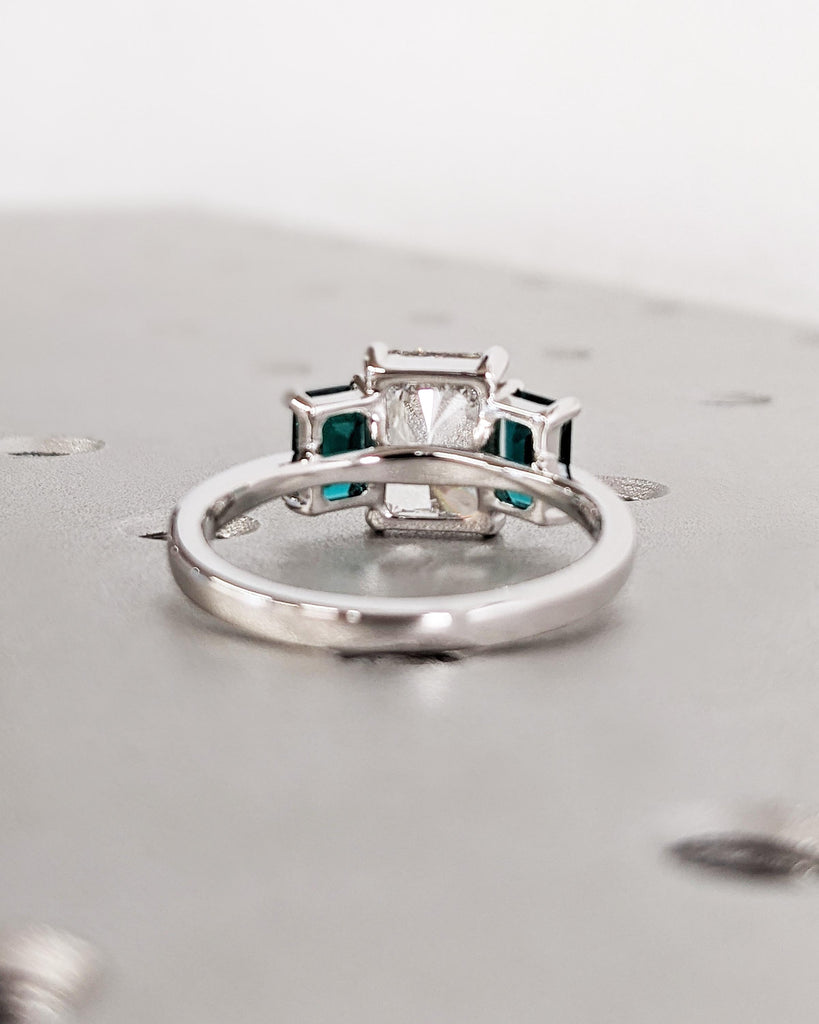 Radiant Cut Moissanite Three Stone Engagement Ring, Emerald Cut Green Emerald, Radiant Cut Ring, Trellis Setting, Moissanite Engagement Ring