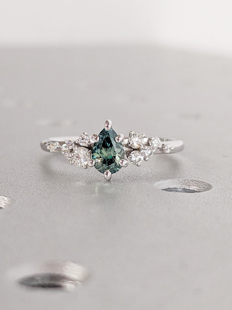 Green Moissanite Promise Ring for Her, Pear Cut 14k White Gold Snowdrift Ring, Vintage Anniversary Ring, Unique Birthday Gift for Girlfriend