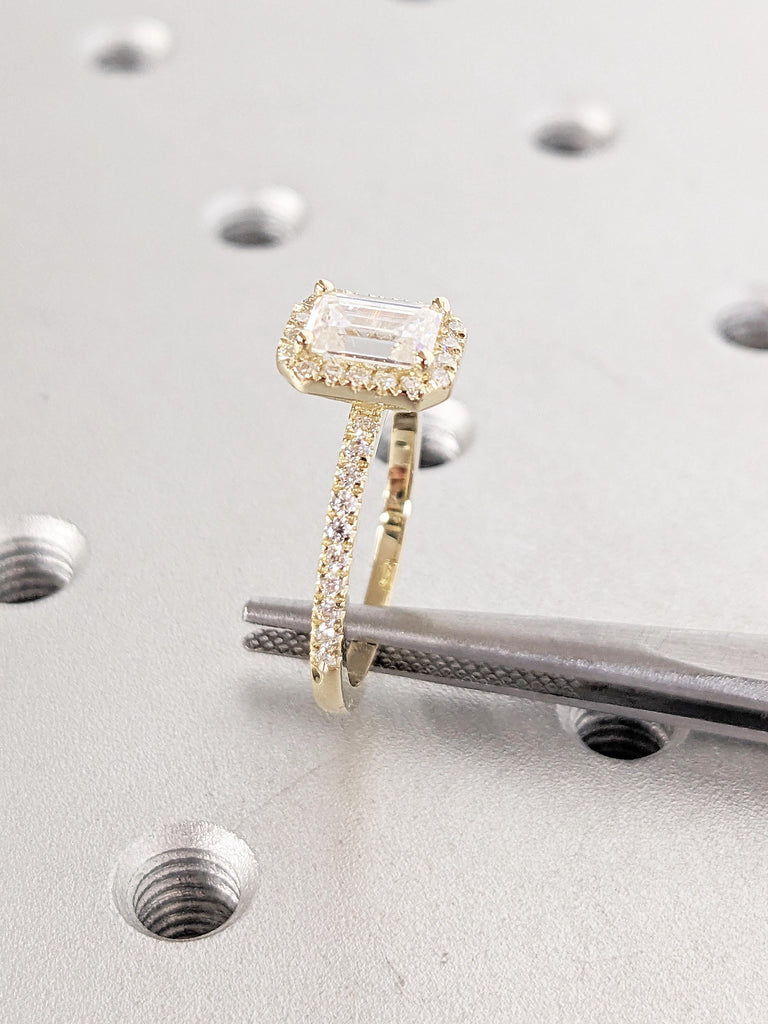 Emerald Cut Lab Grown Diamond Engagement Ring | Half Eternity 14k Yellow Gold Anniversary Ring | Halo Diamond Wedding Rings | Gift for Her image #5