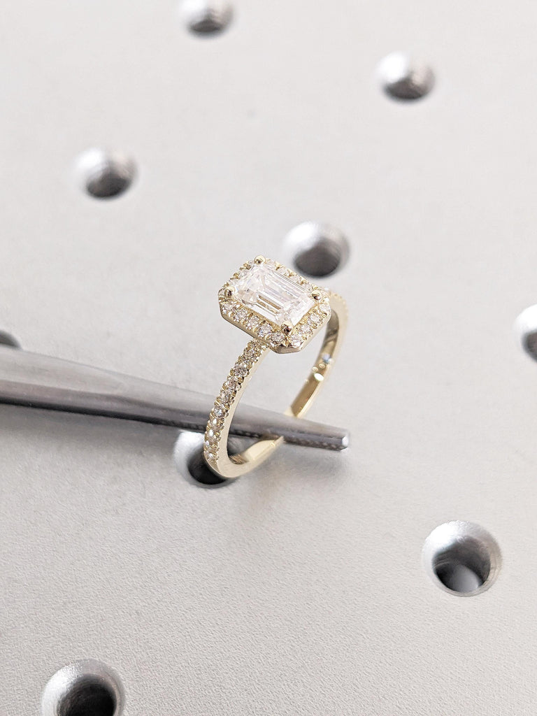 Emerald Cut Lab Grown Diamond Engagement Ring | Half Eternity 14k Yellow Gold Anniversary Ring | Halo Diamond Wedding Rings | Gift for Her image #8