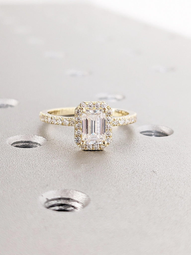 Emerald Cut Lab Grown Diamond Engagement Ring | Half Eternity 14k Yellow Gold Anniversary Ring | Halo Diamond Wedding Rings | Gift for Her image #2