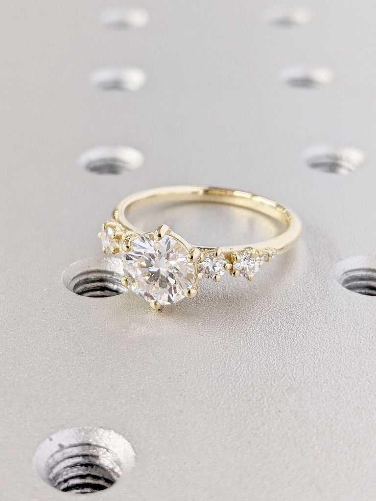 Cluster Engagement Ring | Art Deco Solid 14K Yellow Gold Unique Moissanite Engagement Ring | Women Diamond Wedding Bridal Anniversary Ring