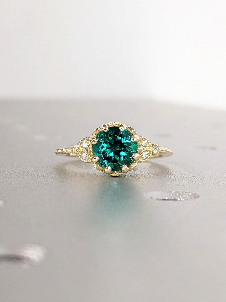 May Birthstone Green Emerald Solitaire Ring | Solid Gold Handmade Promise Anniversary Ring | Rustic Engagement Ring Nature Inspired