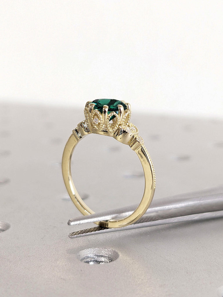 May Birthstone Green Emerald Nature Inspired Solitaire Ring | Solid Gold Handmade Promise Anniversary Ring for Her | Rustic Engagement Ring