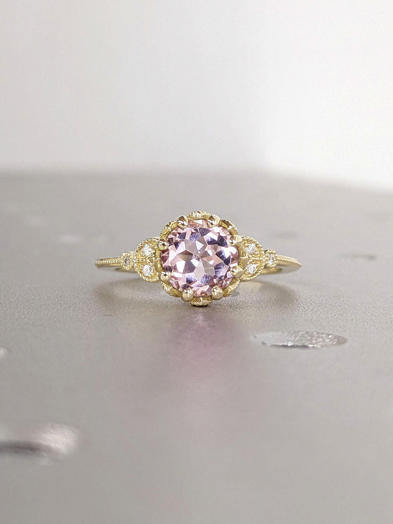 Pink Lab Morganite Solitaire Ring | 14k 18k Solid Gold Handmade Promise Anniversary Ring | Rustic Engagement Ring Nature Inspired