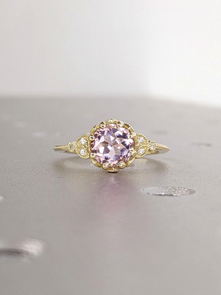 Pink Lab Morganite Solitaire Ring | 14k 18k Solid Gold Handmade Promise Anniversary Ring | Rustic Engagement Ring Nature Inspired