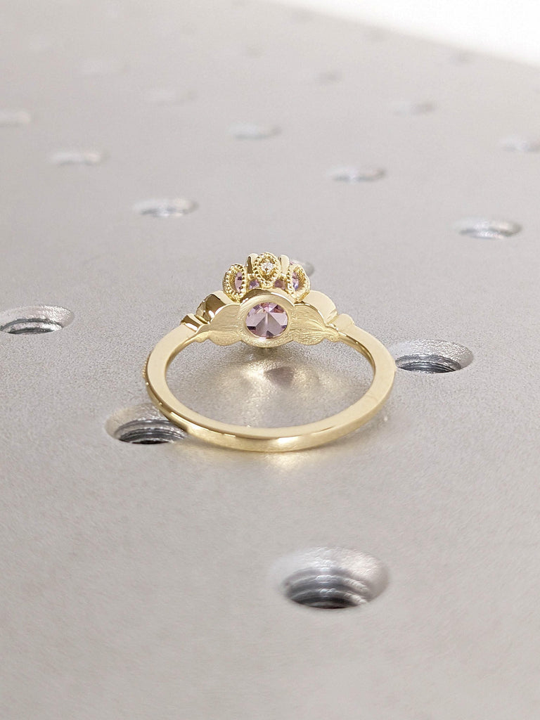 Pink Lab Morganite Nature Inspired Engagement Ring | 14k 18k Yellow Gold Lab Diamond Cluster Ring | Handmade Milgrain Promise Ring For Her