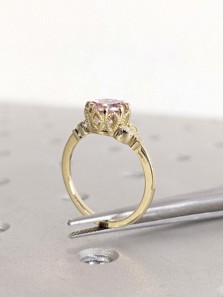 Pink Lab Morganite Nature Inspired Engagement Ring | 14k 18k Yellow Gold Lab Diamond Cluster Ring | Handmade Milgrain Promise Ring For Her