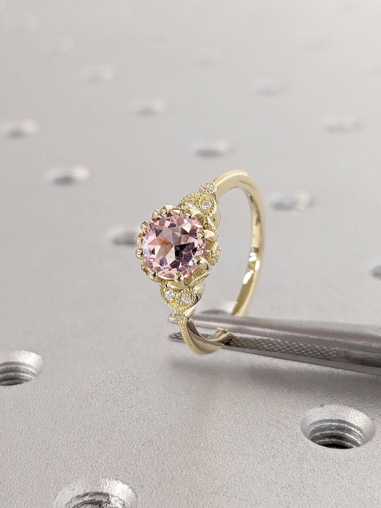 Unique Pink Lab Created Morganite Floral Engagement Ring | Round cut Morganite Solitaire Ring | 14K Yellow Gold Unique Leaves Ring | Handmade Milgrain Ring Promise Ring For Her