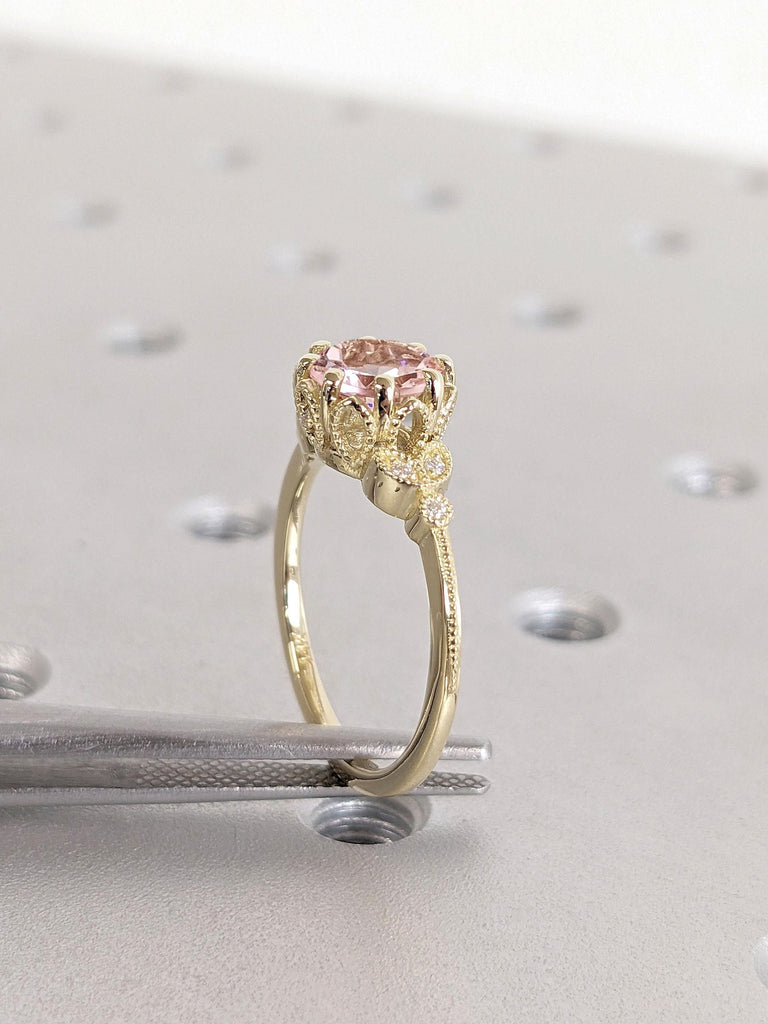 Nature Inspired Round Cut Lab Grown Morganite Engagement Ring | 14k 18k Yellow Gold Lab Diamond Cluster Ring | Art Deco Milgrain Promise Rings For Her