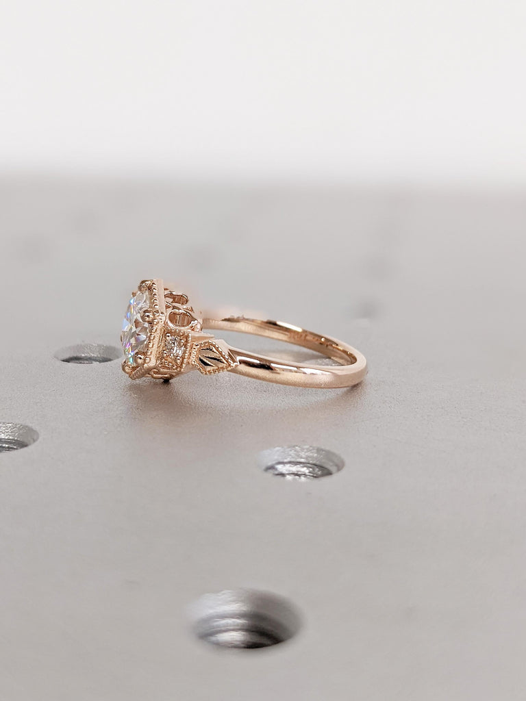 Antique Lab Grown Diamond Ring, Art Deco 14K Rose Gold Ring, Milgrain Diamond Promise Ring, Unique Wedding Ring, Anniversary Gift for Wife