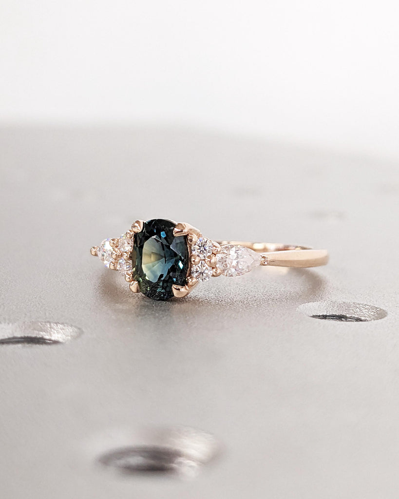 Blue Green Sapphire Ring. Peacock Engagement Ring. Oval Teal Sapphire Ring. Solid Rose Gold Engagement Ring. Cluster Diamond Ring. Art Deco.