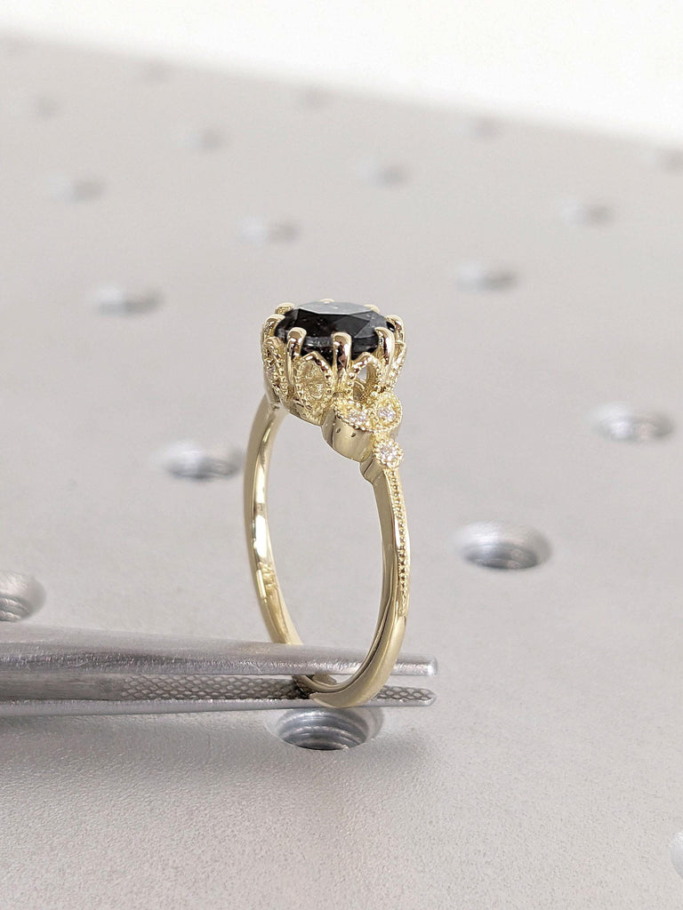 Art Deco Natural Black Diamond Promise Ring | Vintage Yellow Gold Wedding Ring | 14k Gold Leaf Ring | Floral Salt and Pepper Diamond Ring