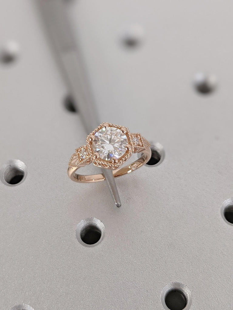 Antique Lab Grown Diamond Ring, Art Deco 14K Rose Gold Ring, Milgrain Diamond Promise Ring, Unique Wedding Ring, Anniversary Gift for Wife