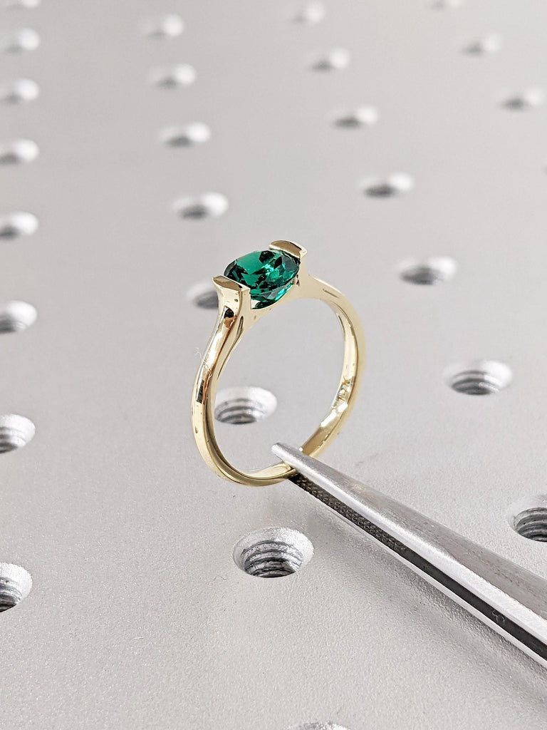 Round Cut Lab Emerald Ring | Solitaire 14k Yellow Gold Ring | Green Emerald Engagement Ring | Unique Promise Ring for Her | Minimalist Ring