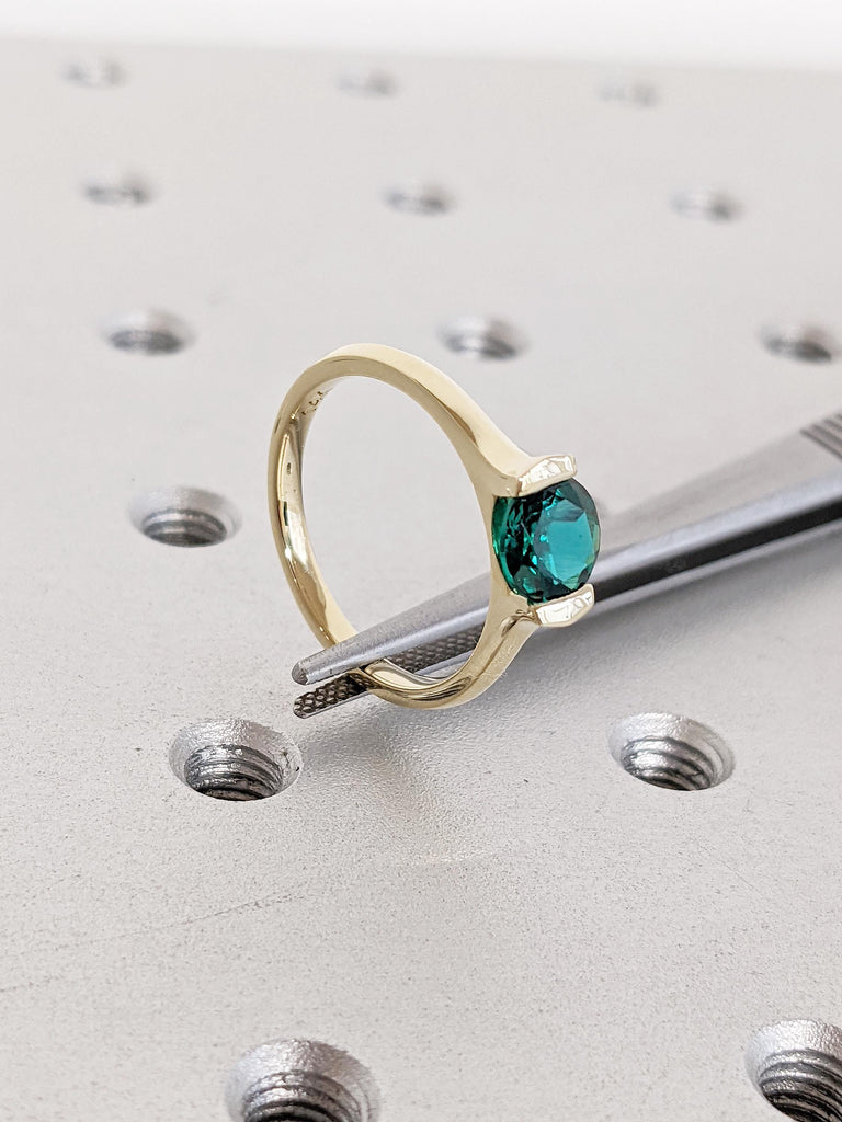 Round Cut Lab Emerald Ring | Solitaire 14k Yellow Gold Ring | Green Emerald Engagement Ring | Unique Promise Ring for Her | Minimalist Ring