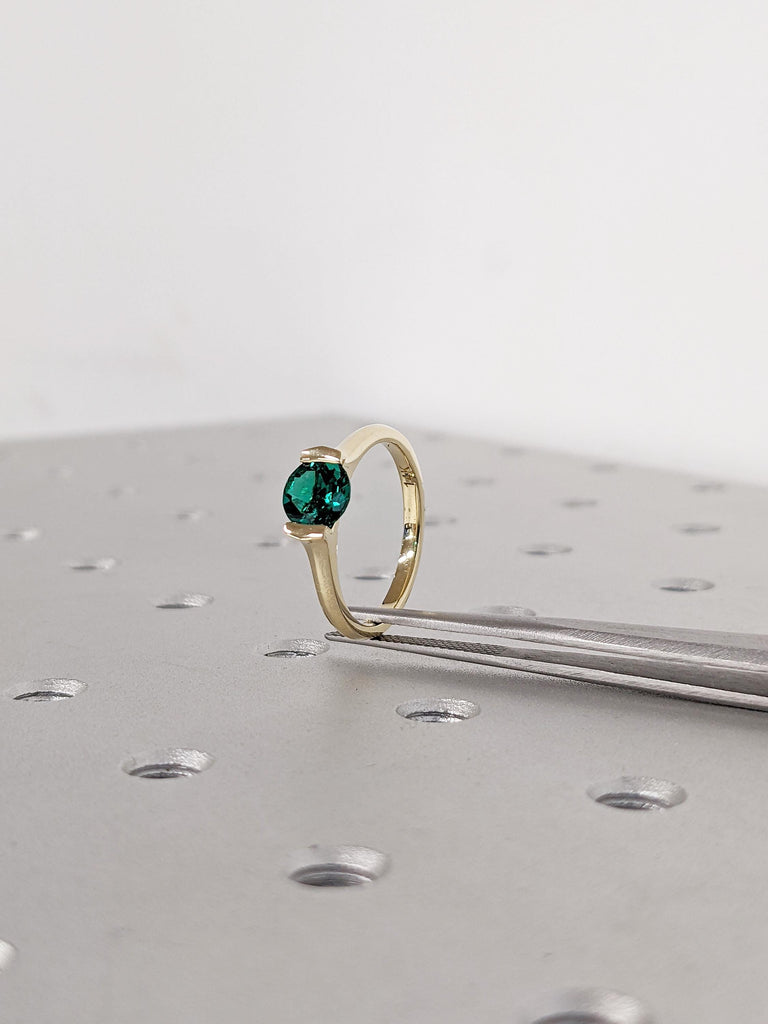 Round Cut Lab Emerald Ring | Solitaire 14k Yellow Gold Ring | Green Emerald Engagement Ring | Unique Promise Ring for Her | Minimalist Ring