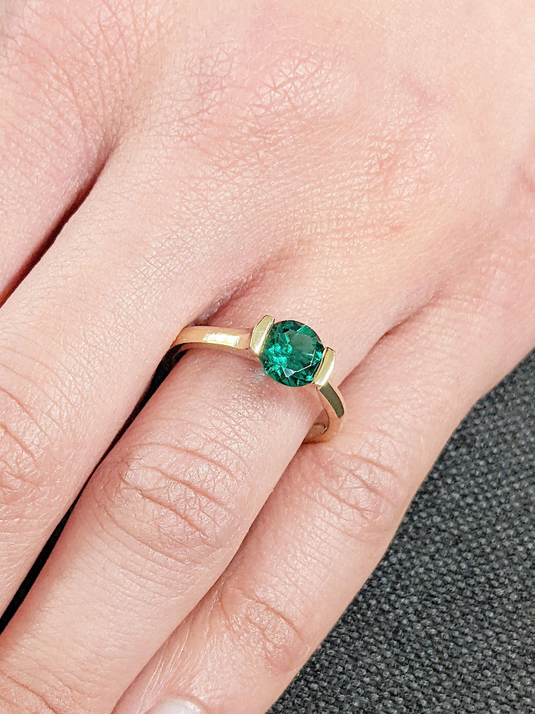 Round Cut Lab Emerald Ring | Solitaire 14k Yellow Gold Ring | Green Emerald Engagement Ring | Unique Promise Ring for Her | Minimalist Ring