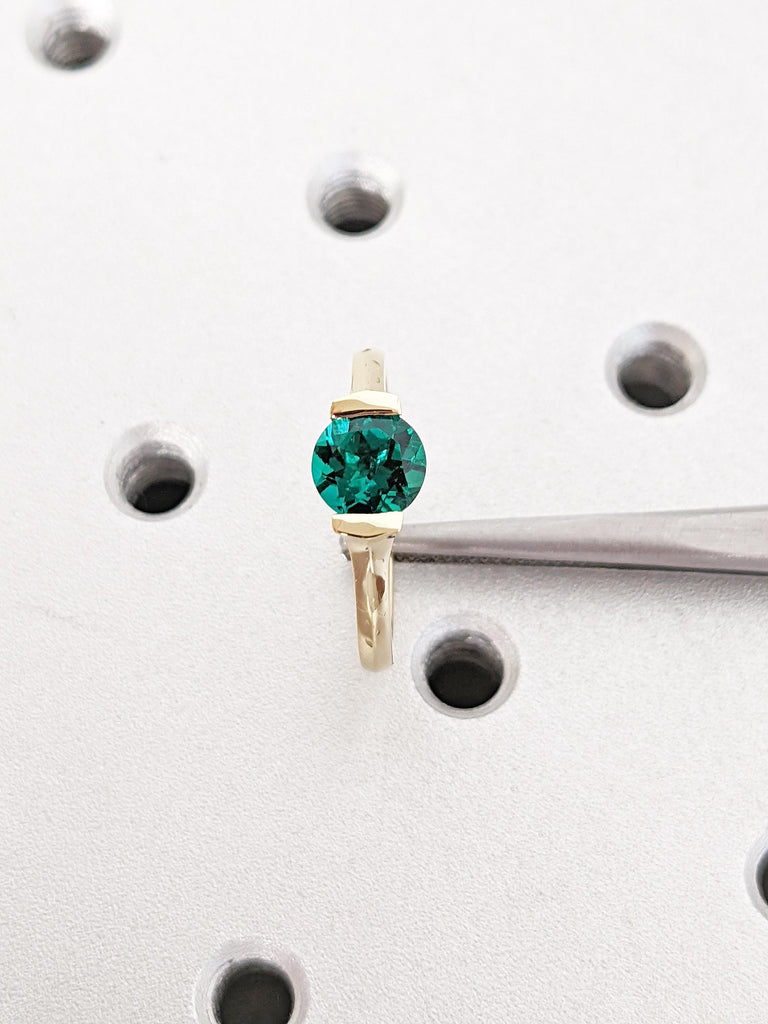 Round Cut Lab Emerald Ring | Solitaire 14k Yellow Gold Ring | Green Emerald Engagement Ring | Unique Promise Ring for Her | Minimalist Ring