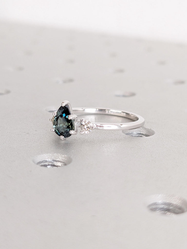 Pear cut Teal Sapphire with Diamond Engagement Cocktail Ring for Her | 14K 18K White Gold Women Wedding Ring | Alternative Bridal Jewelry