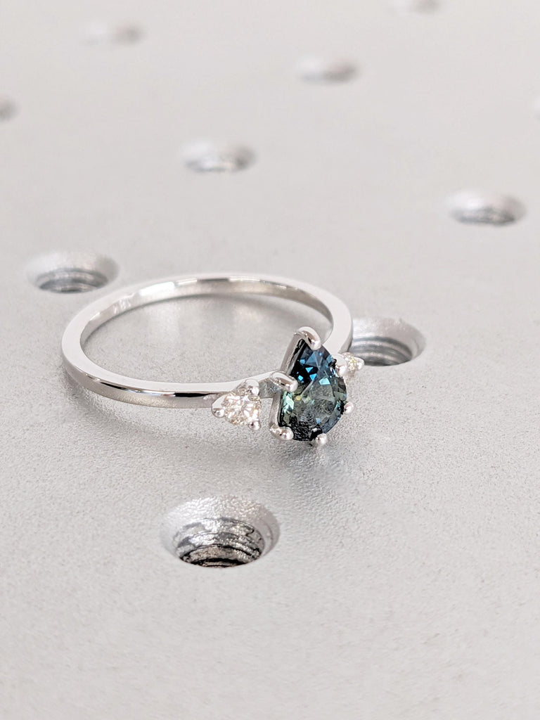 Pear cut Teal Sapphire with Diamond Engagement Cocktail Ring for Her | 14K 18K White Gold Women Wedding Ring | Alternative Bridal Jewelry