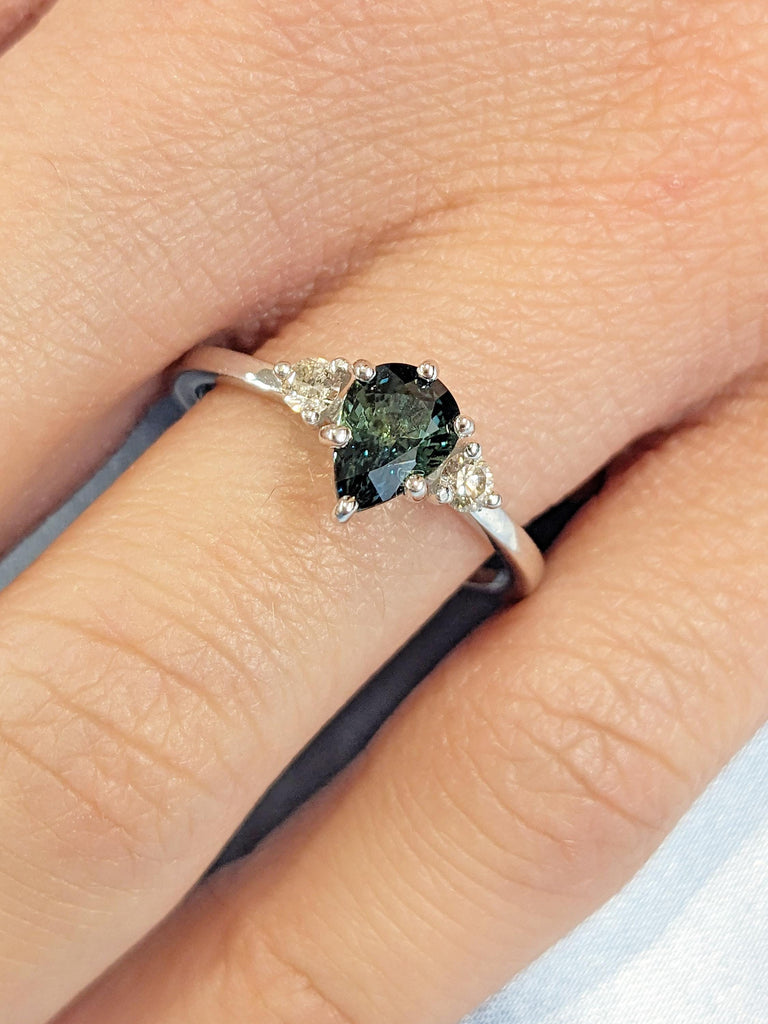 1ct Natural Montana Sapphire Ring | Blue Green Sapphire Promise Anniversary Ring for Wife | 18k White Gold Three Stone Ring Pear cut