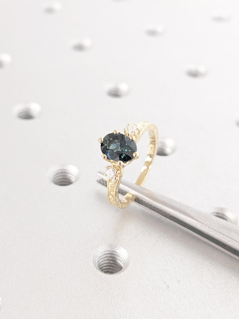 1ct Peacock Sapphire Engagement Ring | Art Deco 18k Yellow Gold | Green Blue Sapphire Ring | Dainty Promise Ring | Anniversary Gift for Wife