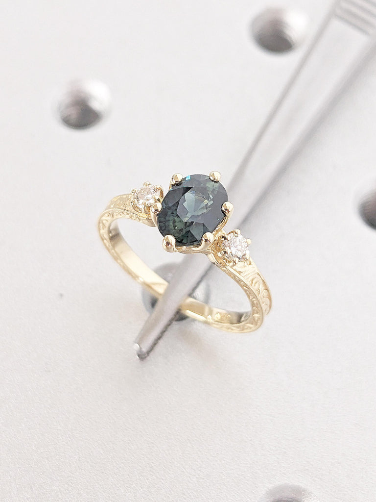 1ct Peacock Sapphire Engagement Ring | Art Deco 18k Yellow Gold | Green Blue Sapphire Ring | Dainty Promise Ring | Anniversary Gift for Wife