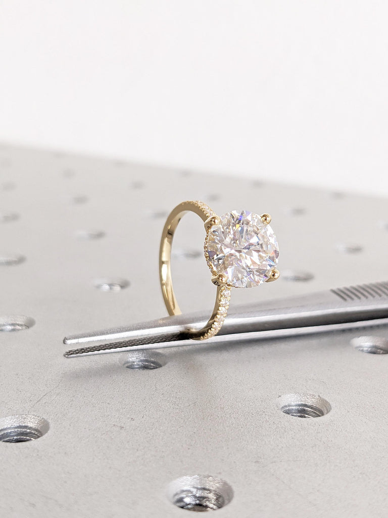 Round cut Lab Grown Diamond Engagement Ring, Half Eternity 18k Yellow Gold Promise Ring, Hidden Halo Moissanite Ring, Unique Solitaire Ring