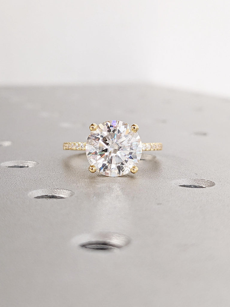 Round cut Lab Grown Diamond Engagement Ring, Half Eternity 18k Yellow Gold Promise Ring, Hidden Halo Moissanite Ring, Unique Solitaire Ring