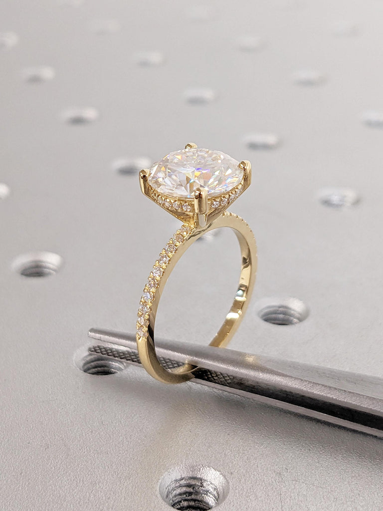 Round cut Lab Grown Diamond Engagement Ring, Half Eternity 18k Yellow Gold Promise Ring, Hidden Halo Moissanite Ring, Unique Solitaire Ring