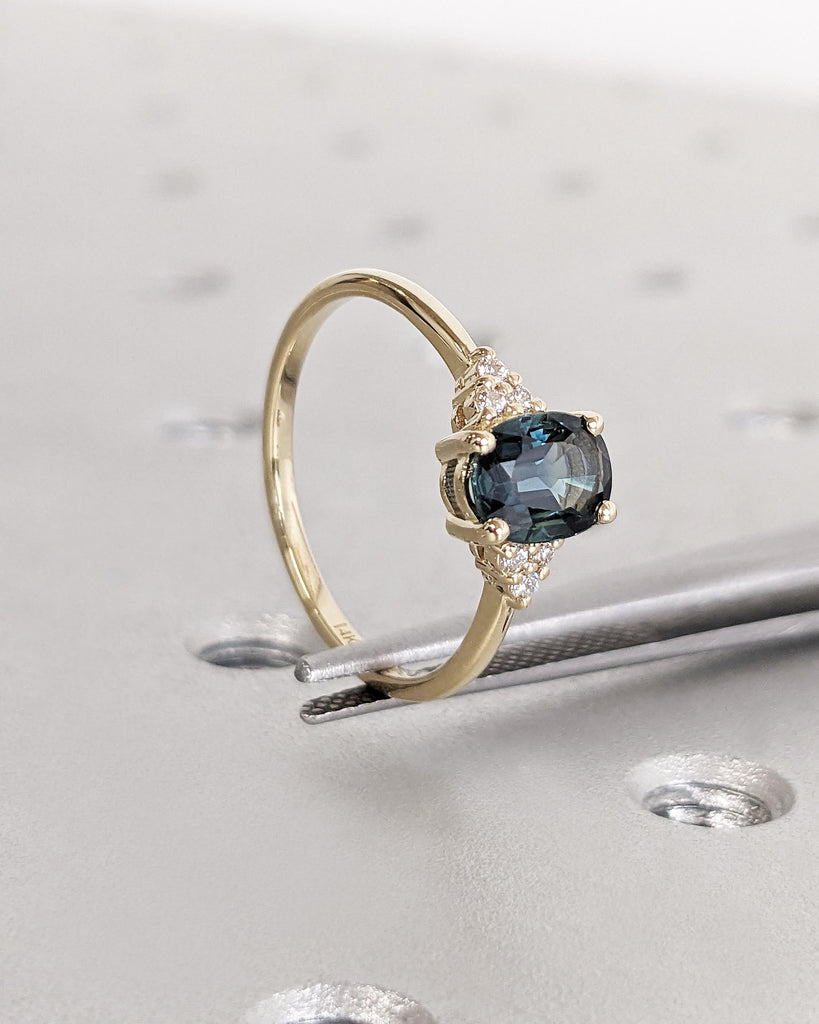 Vintage Teal Sapphire Engagement Ring Oval Cut | Antique Yellow Gold Peacock Sapphire Wedding Ring | Round Diamond Cluster Anniversary Ring