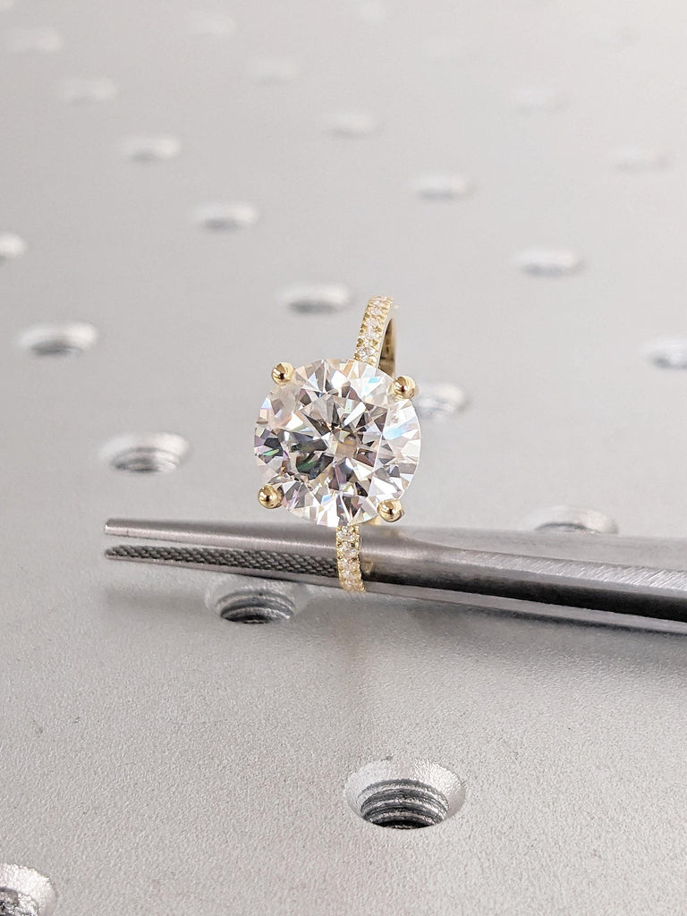 Round cut Lab Grown Diamond Engagement Ring, Half Eternity 18k Yellow Gold Promise Ring, Hidden Halo Moissanite Ring, Unique Solitaire Ring