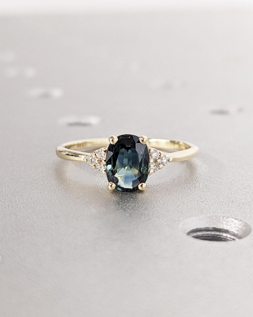 Vintage Teal Sapphire Engagement Ring Oval Cut | Antique Yellow Gold Peacock Sapphire Wedding Ring | Round Diamond Cluster Anniversary Ring