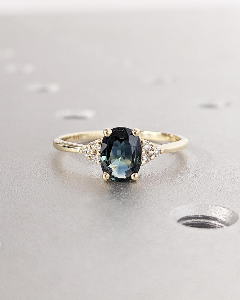 Vintage Teal Sapphire Engagement Ring Oval Cut | Antique Yellow Gold Peacock Sapphire Wedding Ring | Round Diamond Cluster Anniversary Ring