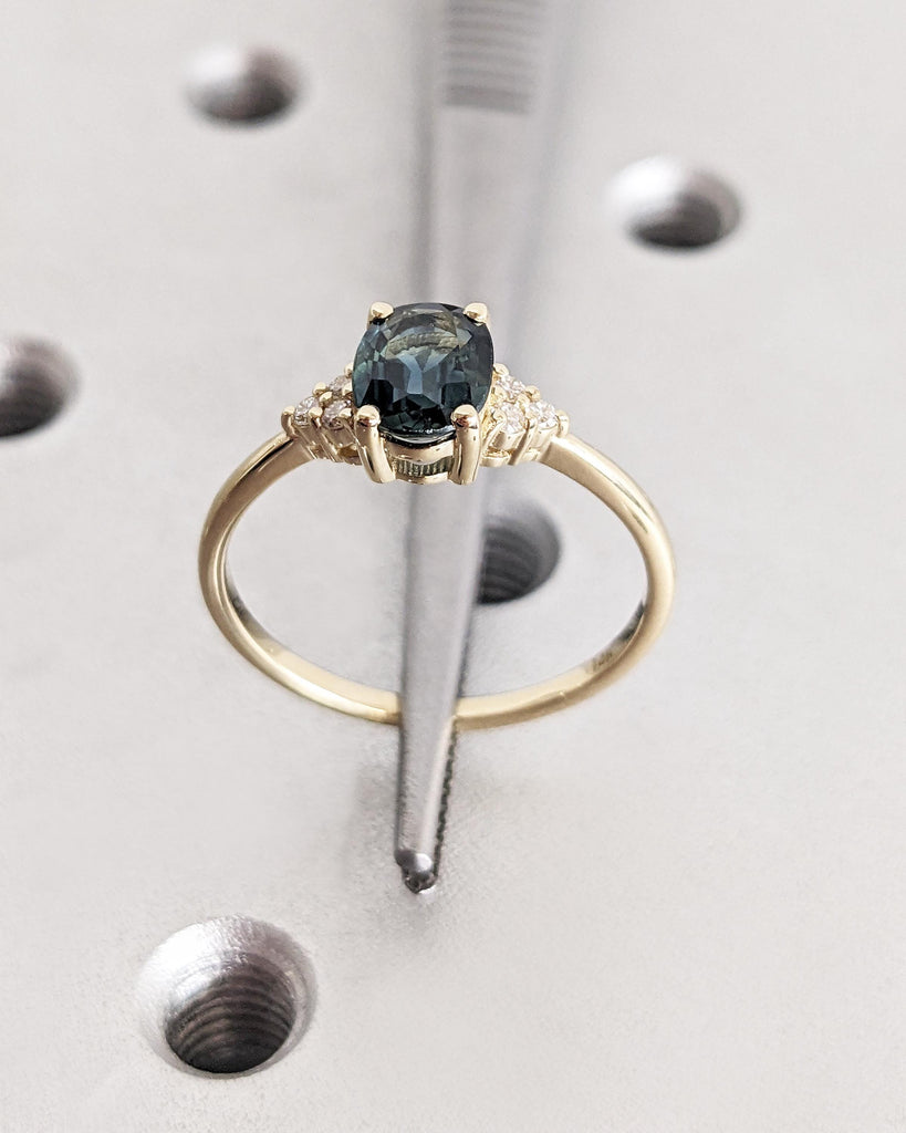 Vintage Teal Sapphire Engagement Ring Oval Cut | Antique Yellow Gold Peacock Sapphire Wedding Ring | Round Diamond Cluster Anniversary Ring