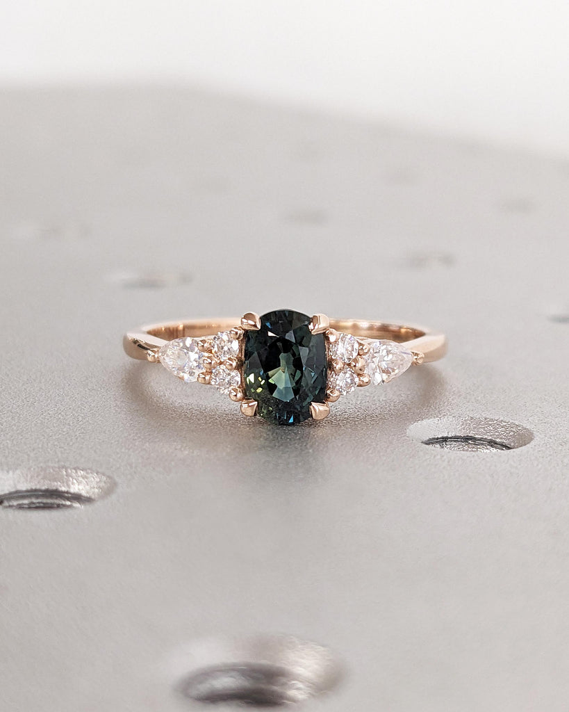 Blue Green Sapphire Ring. Peacock Engagement Ring. Oval Teal Sapphire Ring. Solid Rose Gold Engagement Ring. Cluster Diamond Ring. Art Deco.