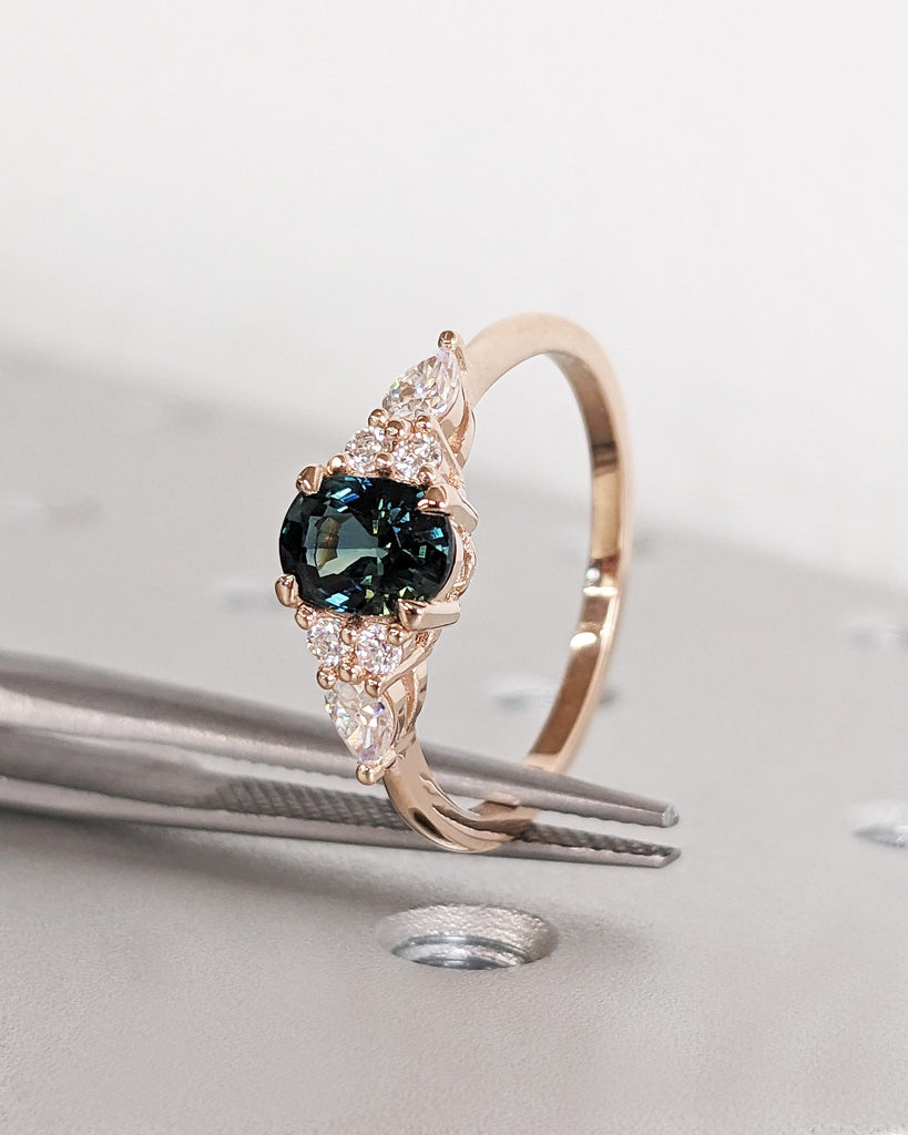 Blue Green Sapphire Ring. Peacock Engagement Ring. Oval Teal Sapphire Ring. Solid Rose Gold Engagement Ring. Cluster Diamond Ring. Art Deco.