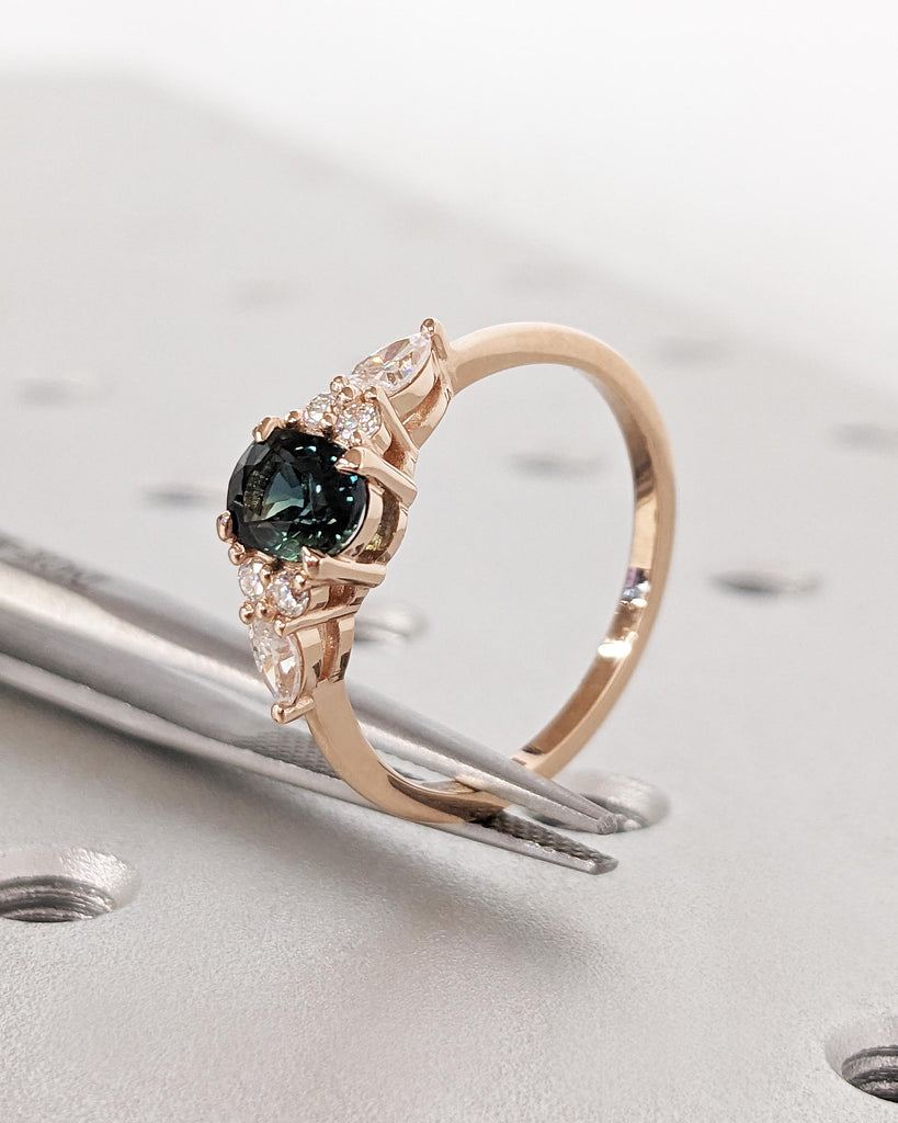 Blue Green Sapphire Ring. Peacock Engagement Ring. Oval Teal Sapphire Ring. Solid Rose Gold Engagement Ring. Cluster Diamond Ring. Art Deco.