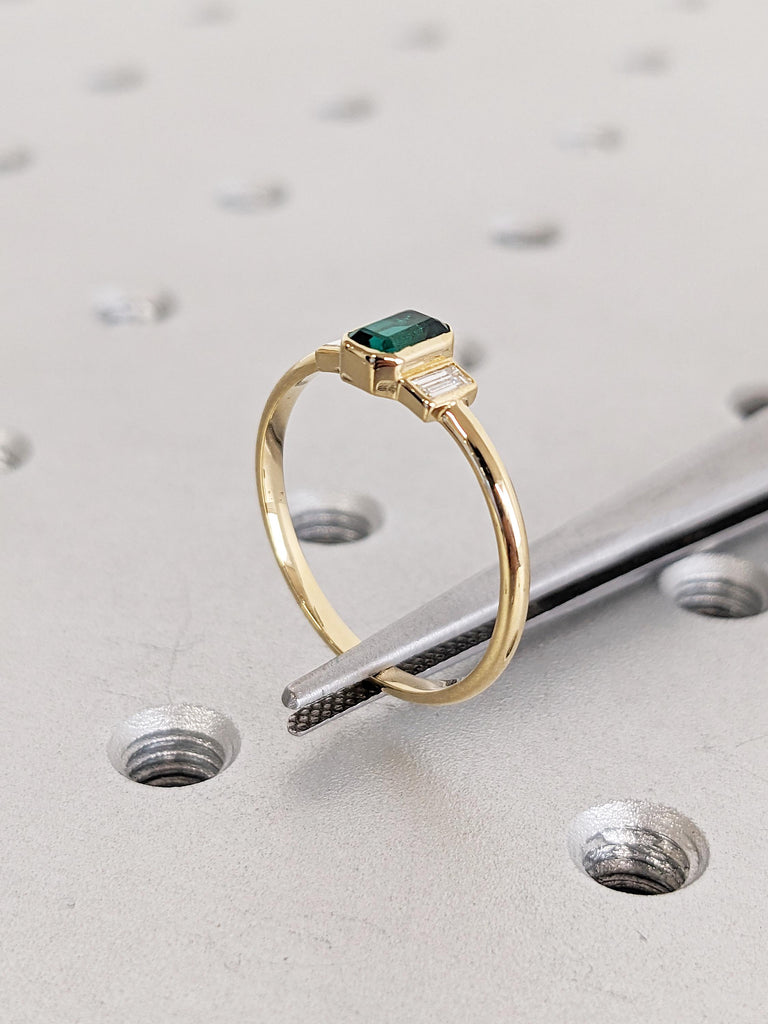 Baguette Lab Emerald Promise Ring for Her, Dainty 18K Yellow Gold Ring, Minimalist Gold Ring, Three Stone Ring, Engagement Rings for Women