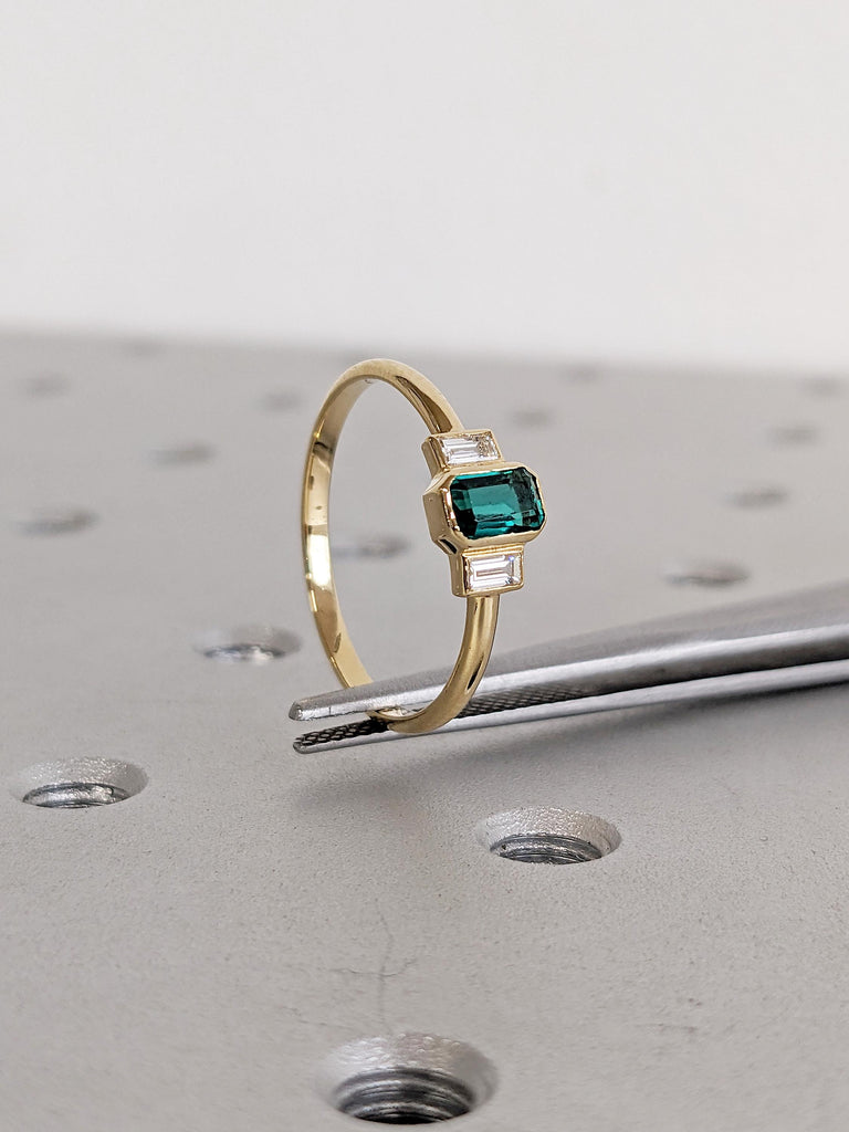 Baguette Lab Emerald Promise Ring for Her, Dainty 18K Yellow Gold Ring, Minimalist Gold Ring, Three Stone Ring, Engagement Rings for Women