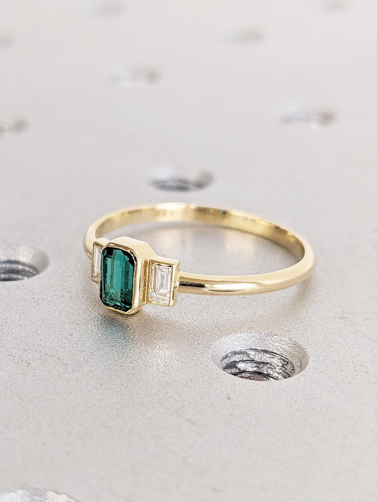 Baguette Lab Emerald Promise Ring for Her, Dainty 18K Yellow Gold Ring, Minimalist Gold Ring, Three Stone Ring, Engagement Rings for Women