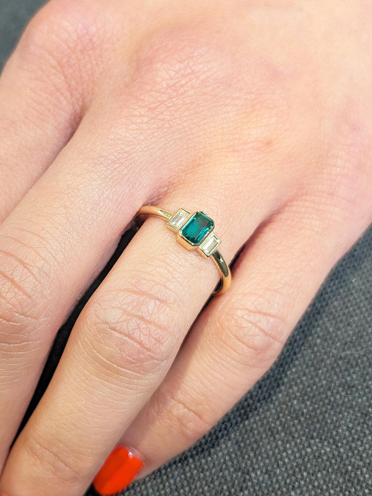 Baguette Lab Emerald Promise Ring for Her, Dainty 18K Yellow Gold Ring, Minimalist Gold Ring, Three Stone Ring, Engagement Rings for Women